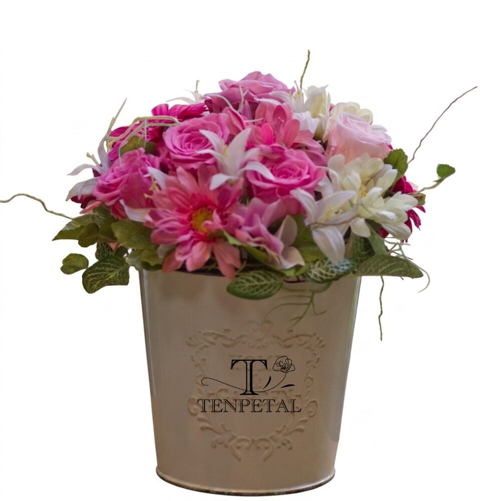 ピンク系の造花アレンジメント 白い器 TEN PETAL