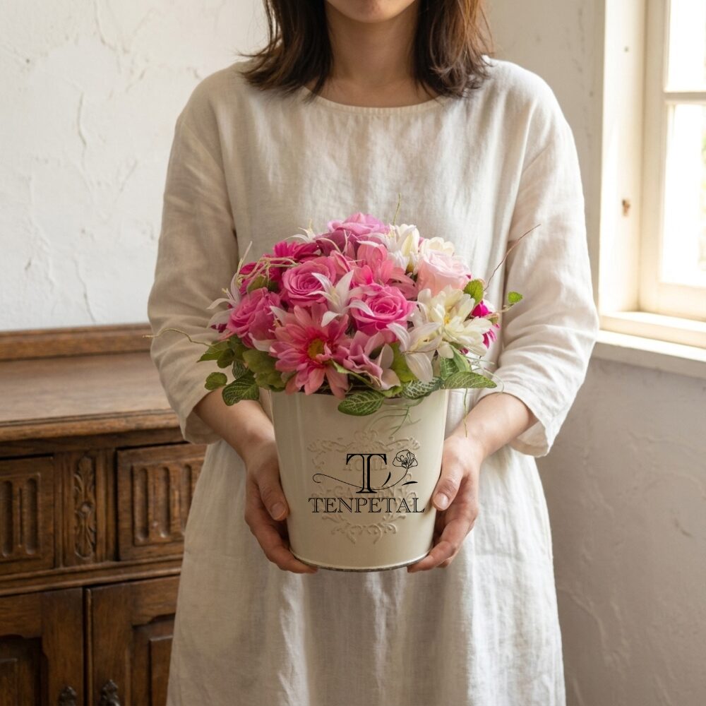 手に持ったピンクの造花フラワーアレンジメント TEN PETAL